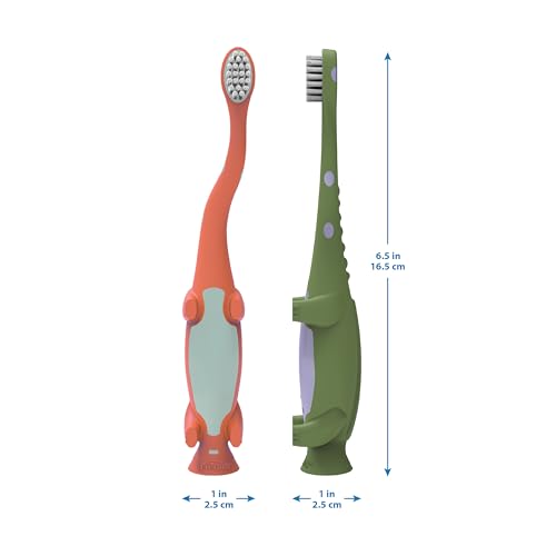 Dr. Brown's Baby and Toddler Toothbrush, Green and Orange Dinosaur 2-Pack, 1-4 Years