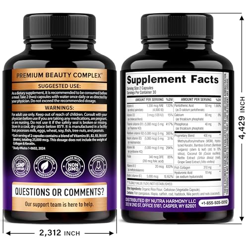Biotin | Collagen | Hyaluronic Acid | Keratin - Clinically Tested Supplement** - Hair Growth Support, Skin & Nails - 25000mcg Vitamins B1, B2, B3, B6 & B7 - for Women & Men - Made in USA | 60 Capsules