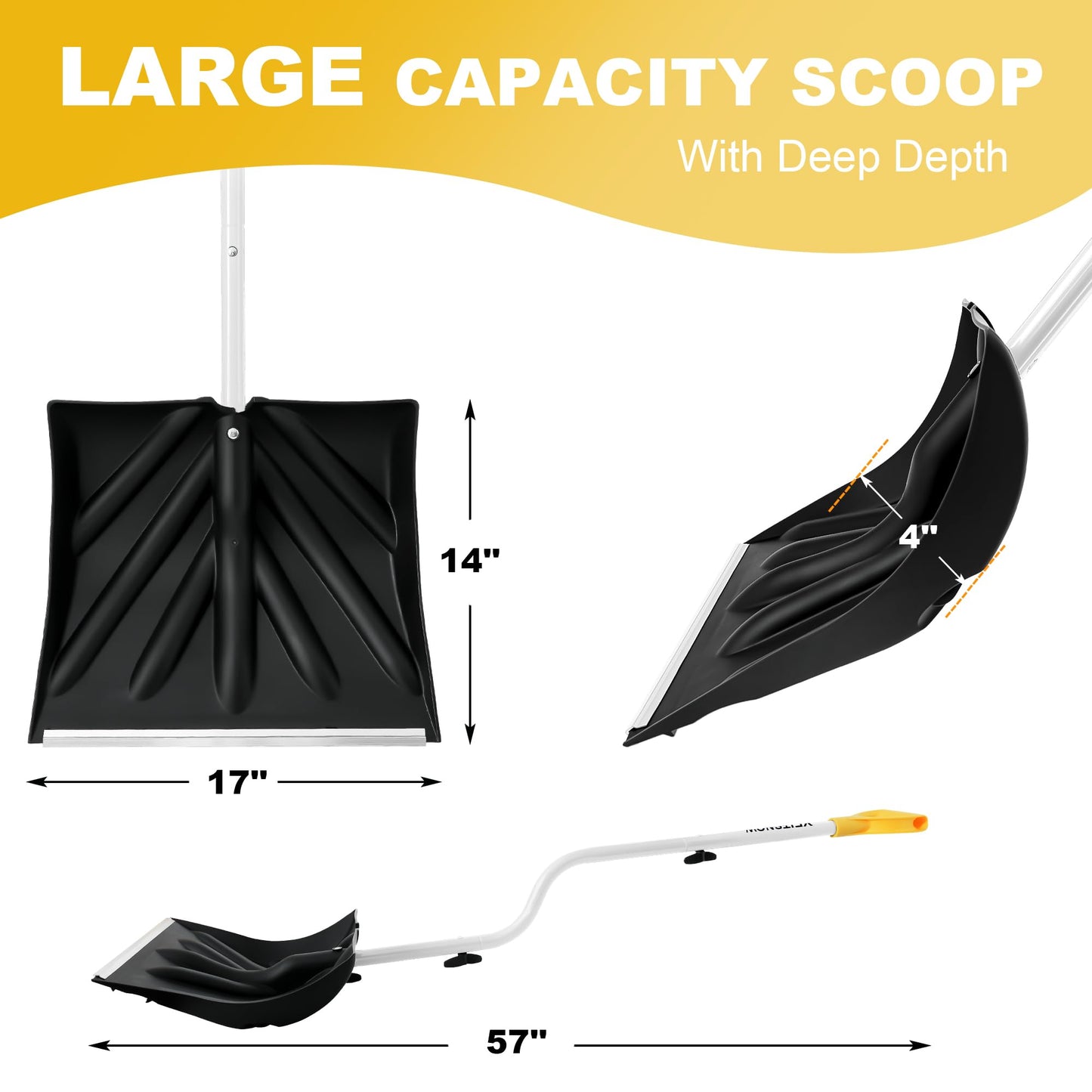 YEITSNOW Snow Shovel for Driveway Ergonomic Design 17” Reinforced Heavy Duty Snow Removal Easy Assembled Tool in Winter Snowy Day for Garage Car Parking Port Workshop Barn