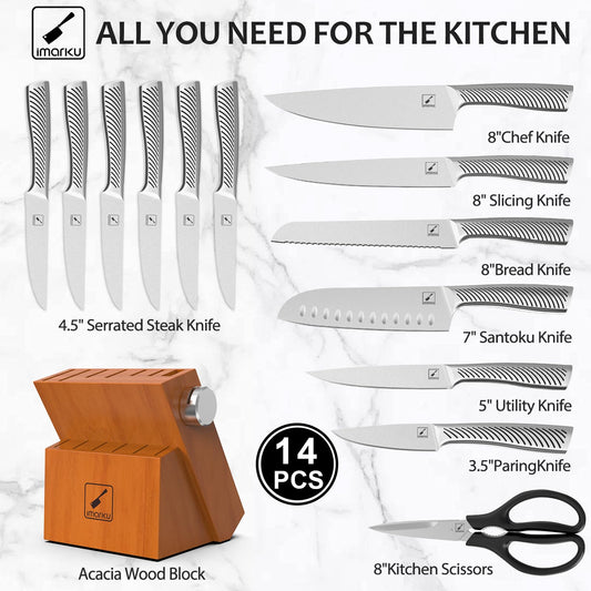 imarku Knife Set, 14 Piece Premium Kitchen Knife Block Set, Razor Sharp Japanese Chef Knives Set for Kitchen with Built-in Sharpener, Dishwasher Safe and Quality Acacia Wood Block, Christmas Gift