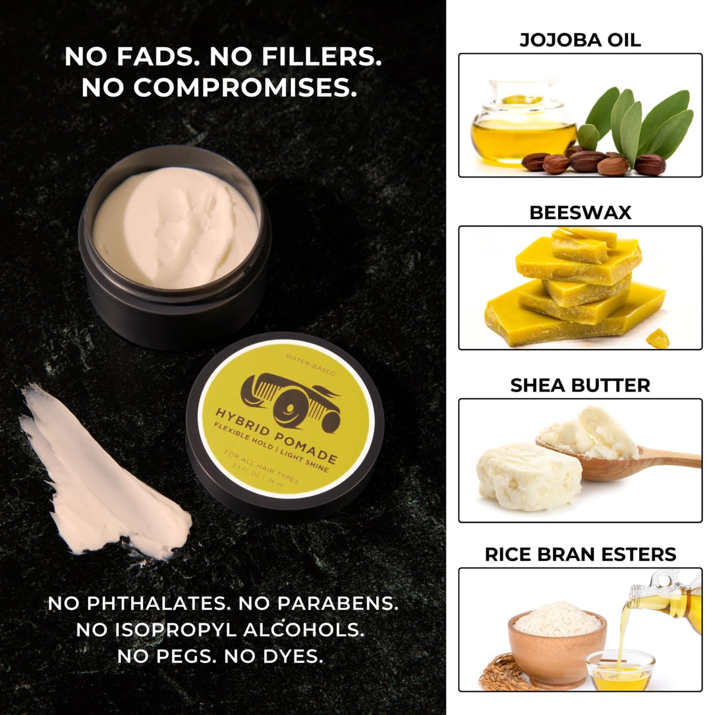 BRIGHTSIDE Hybrid Pomade - Flexible Hold Light Shine - Water Based - Shea Butter Beeswax, Jojoba Oil, & Ozokerite Blend - For All Hair Types - Easily Washes Out - Premium Hair Styling Product (2.5oz)