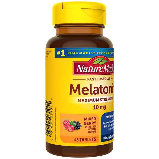 Nature Made Melatonin 10mg Fast Dissolve, Maximum Strength Nighttime Sleep Aid for Adults, 100% Drug-Free, 45 Tablets