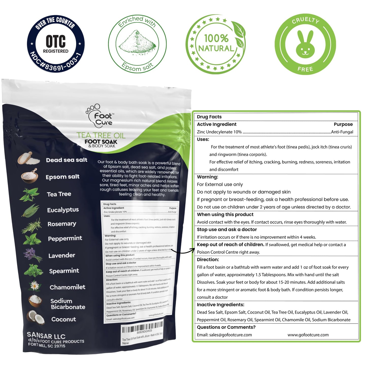 Tea Tree Oil Foot Soak with Epsom Salt - For Toenail Repair, Athletes Foot, Softens Calluses, Soothes Sore & Tired Feet, Nail Discoloration, odor Scent, Spa Pedicure Care - Made in USA 16 oz