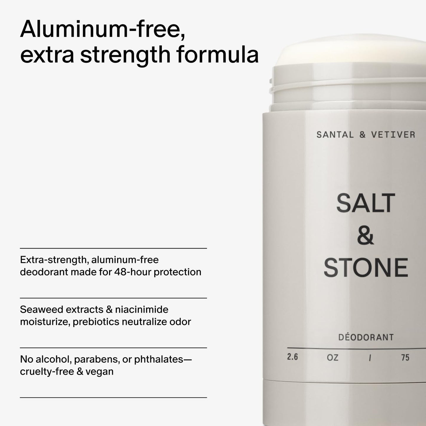 SALT & STONE Aluminum Free Deodorant | Extra Strength 48 Hour Protection for Women & Men | Made with Seaweed Extracts, Niacinamide & Prebiotics (Santal & Vetiver)