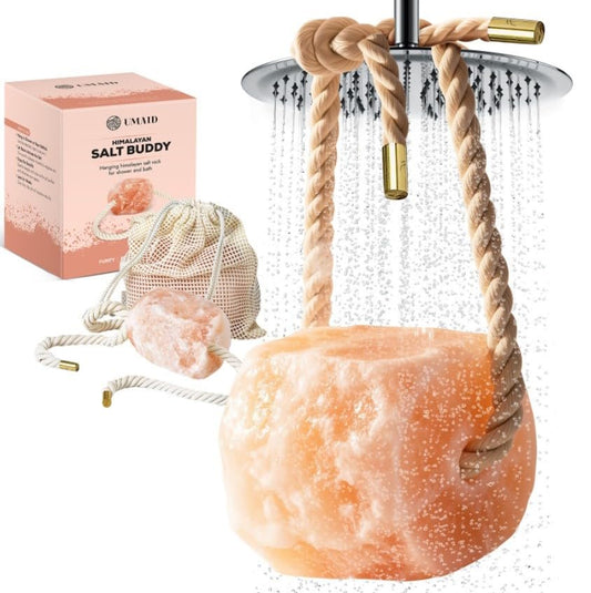 UMAID Himalayan Bath Salt Buddy™ 4 lb – Hanging Himalayan Rock Salt for Bath & Shower – Solid Himalayan Stone for Relaxation & Extended Steam Sessions, Unique Gifts for Men, Women & Couples