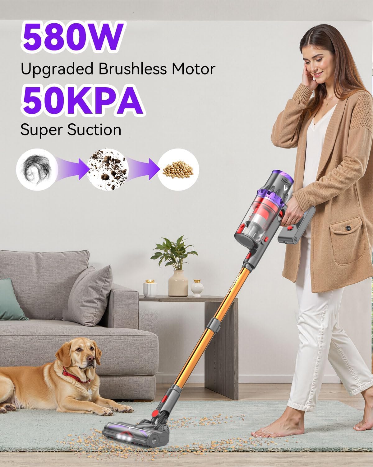 Coovy SU7 Cordless Vacuum Cleaner 580W 50Kpa 80 Minutes Runtime Stick Vacuum with Touch Screen Anti-Tangle Wireless Powerful Lightweight LED Vac for Home Pet Hair Carpet Hardwood, Gold