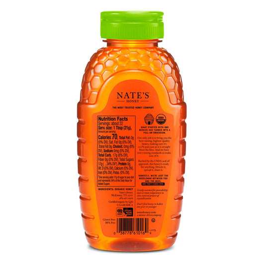 Nate's Organic 100% Pure, Raw & Unfiltered Honey - USDA Certified Organic - 16oz. Squeeze Bottle