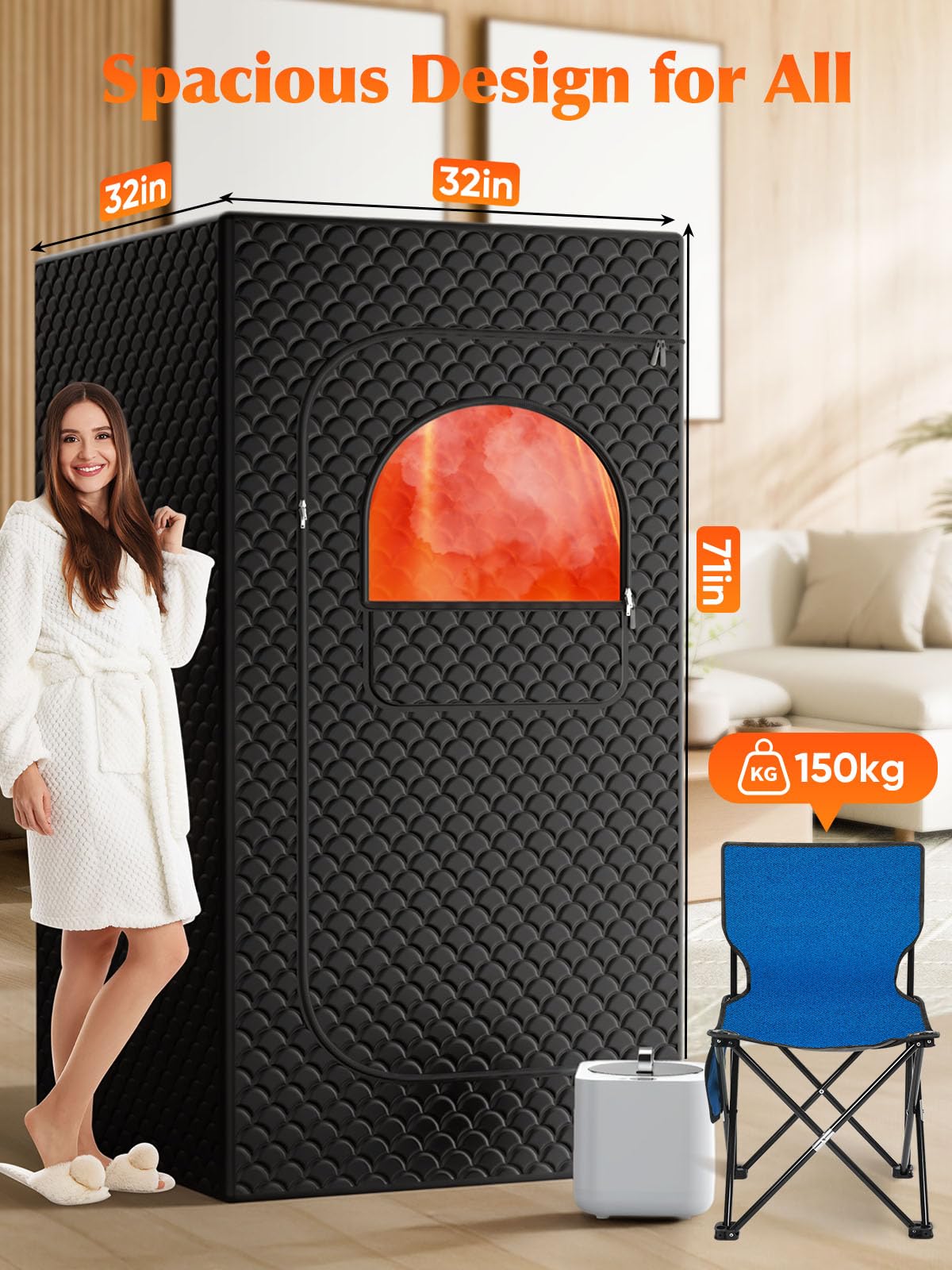 Portable Sauna Box for Home, Personal SPA Steam Sauna with 10 Min Fast Heating & 9 Levels Heat, Warm Sauna Tent with 3L/1200W Steamer, Folding Chair, Remote Control for Body Relaxation,32" x 32" x 71"