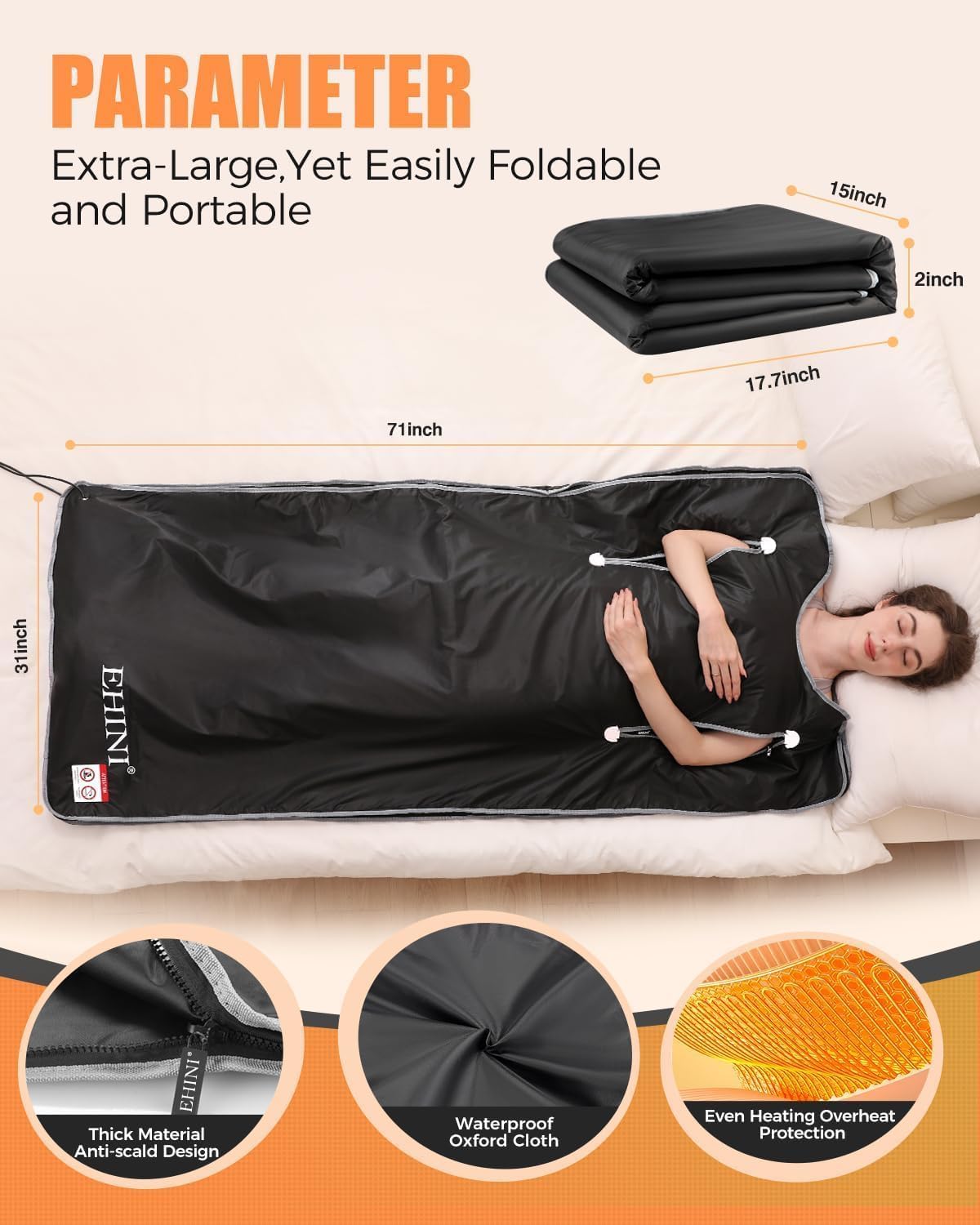 EHINI Infrared Sauna Blanket-Sauna Blanket for Home Use, Portable Design for Relaxation and Detoxification Highest 176℉, 20-60 Minutes Timer, 6 ft x 2.65 ft (Black)