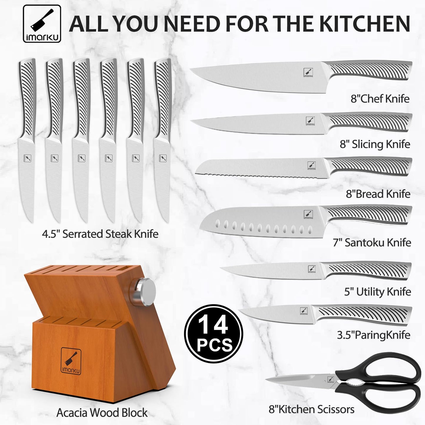 imarku Knife Set, 14 Piece Premium Kitchen Knife Block Set, Razor Sharp Japanese Chef Knives Set for Kitchen with Built-in Sharpener, Dishwasher Safe and Quality Acacia Wood Block, Christmas Gift