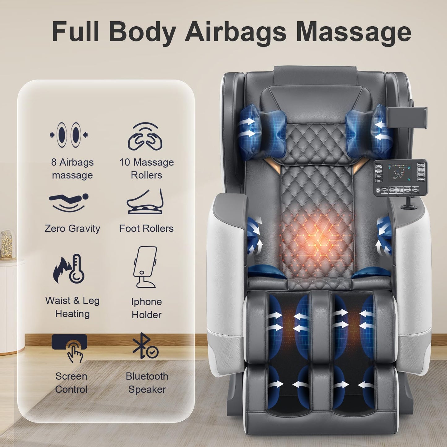 FURNIMAT 2025 Massage Chair Full Body, Zero Gravity Massage Chair with 10 Fix Rollers, Heating, Foot Massage, Auto Modes, Bluetooth Speaker, Touch Screen Controller (Light Gray)