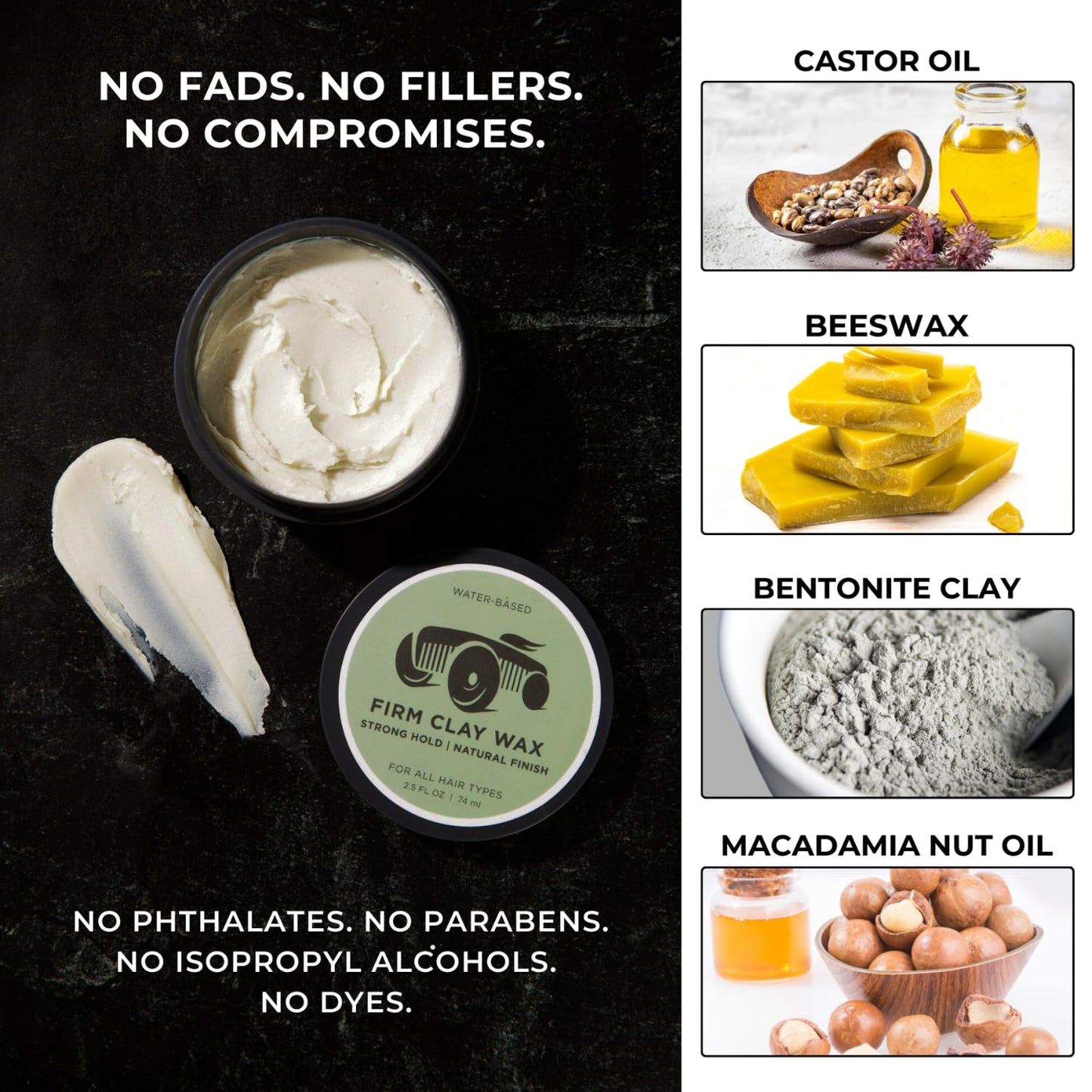 BRIGHTSIDE Firm Clay Wax - Stong Hold Natural Finish - Water Based - Kaolin & Bentonite Clay, Macadamia Nut Oil, Beeswax, & Squalane Blend - For All Hair Types - Premium Hair Styling Product (2.5oz)