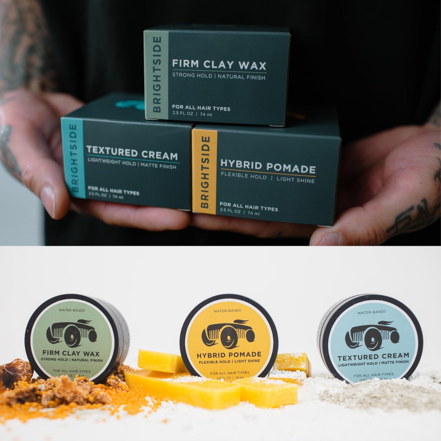 BRIGHTSIDE Firm Clay Wax - Stong Hold Natural Finish - Water Based - Kaolin & Bentonite Clay, Macadamia Nut Oil, Beeswax, & Squalane Blend - For All Hair Types - Premium Hair Styling Product (2.5oz)