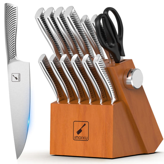 imarku Knife Set, 14 Piece Premium Kitchen Knife Block Set, Razor Sharp Japanese Chef Knives Set for Kitchen with Built-in Sharpener, Dishwasher Safe and Quality Acacia Wood Block, Christmas Gift