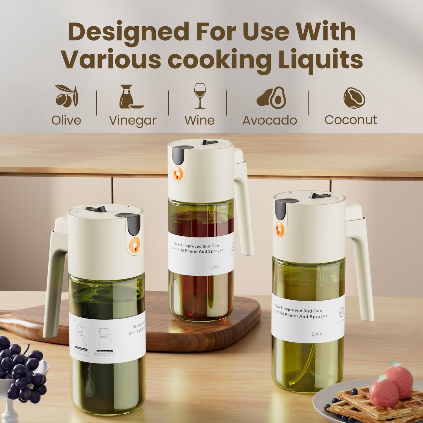 LAKUMIQI Upgrade 2 in 1 Oil Sprayer for Cooking, Olive Oil Dispenser Bottle for Kitchen Gadgets with Stickers, 17oz/500ml Food Grade Light-Blocking Glass Spray Bottle for Salad, Air Fryer, BBQ