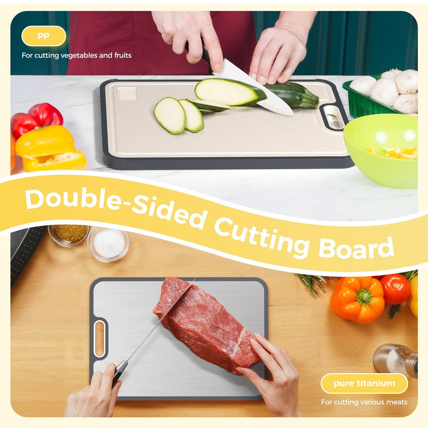 Titanium Cutting Board for Kitchen, Cutting Board Double Sided Food Grade, Pure Titanium/PP, Easy to Clean Large Size 15”×10.3”
