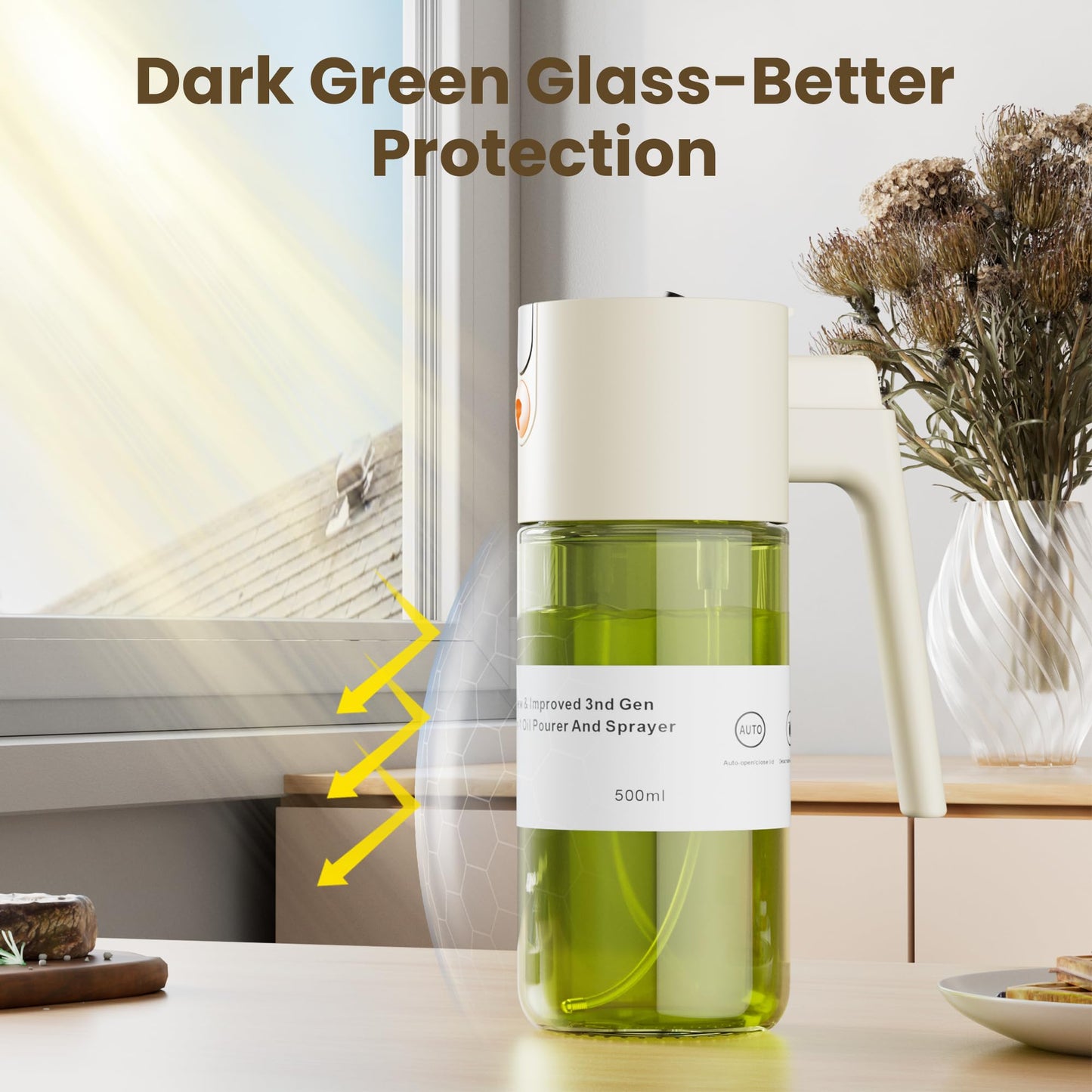 LAKUMIQI Upgrade 2 in 1 Oil Sprayer for Cooking, Olive Oil Dispenser Bottle for Kitchen Gadgets with Stickers, 17oz/500ml Food Grade Light-Blocking Glass Spray Bottle for Salad, Air Fryer, BBQ