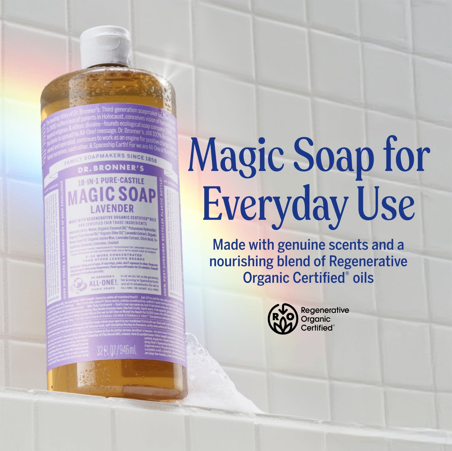 Dr. Bronner's - Pure-Castile Liquid Soap (Lavender, 32 ounce) - Made with Organic Oils, 18-in-1 Uses: Face, Body, Hair, Laundry, Pets and Dishes, Concentrated, Vegan, Non-GMO