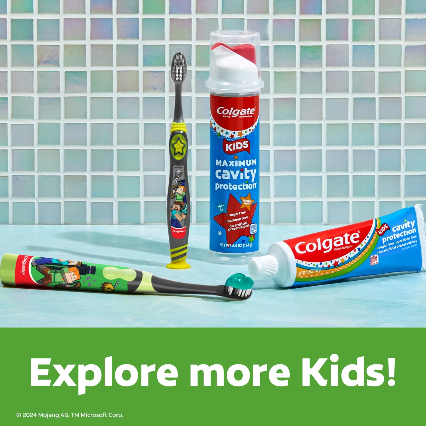 Colgate Kids Battery Powered Minecraft Toothbrush, Extra Soft Kids Battery Toothbrush with 1 AA Battery Included, Made for Ages 3 and Up, Features Easy On and Off Switch, Flat Lay Handle, 1 Count