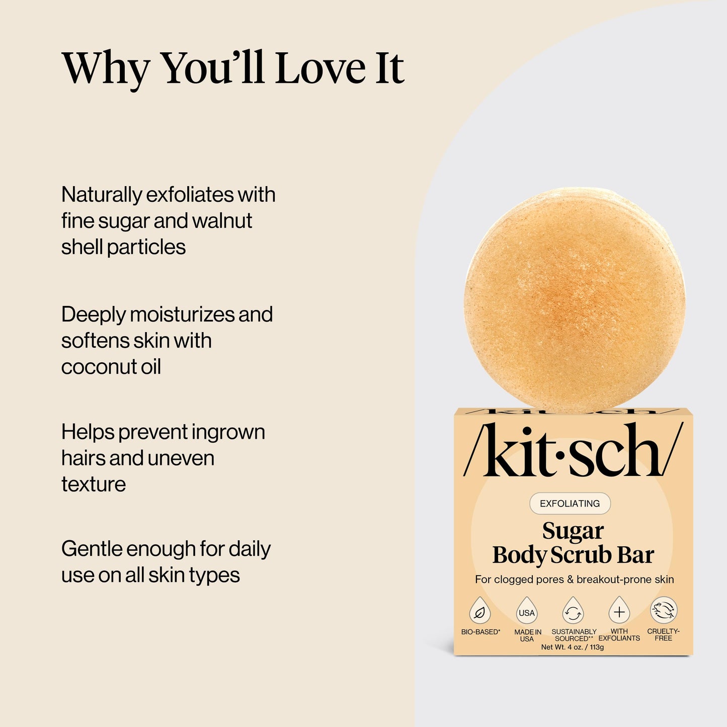 Kitsch Exfoliating Sugar Scrub for Body – All Natural Body Scrub Bar Soap for Smooth, Hydrated & Glowing Skin - Vegan Soap Bar Exfoliator for Men and Women - Made in the USA - 4 oz