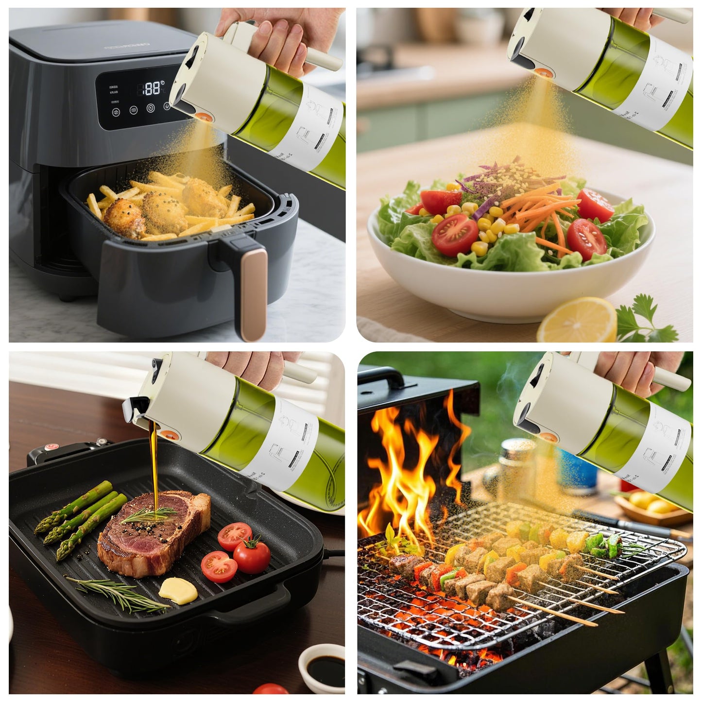 LAKUMIQI Upgrade 2 in 1 Oil Sprayer for Cooking, Olive Oil Dispenser Bottle for Kitchen Gadgets with Stickers, 17oz/500ml Food Grade Light-Blocking Glass Spray Bottle for Salad, Air Fryer, BBQ