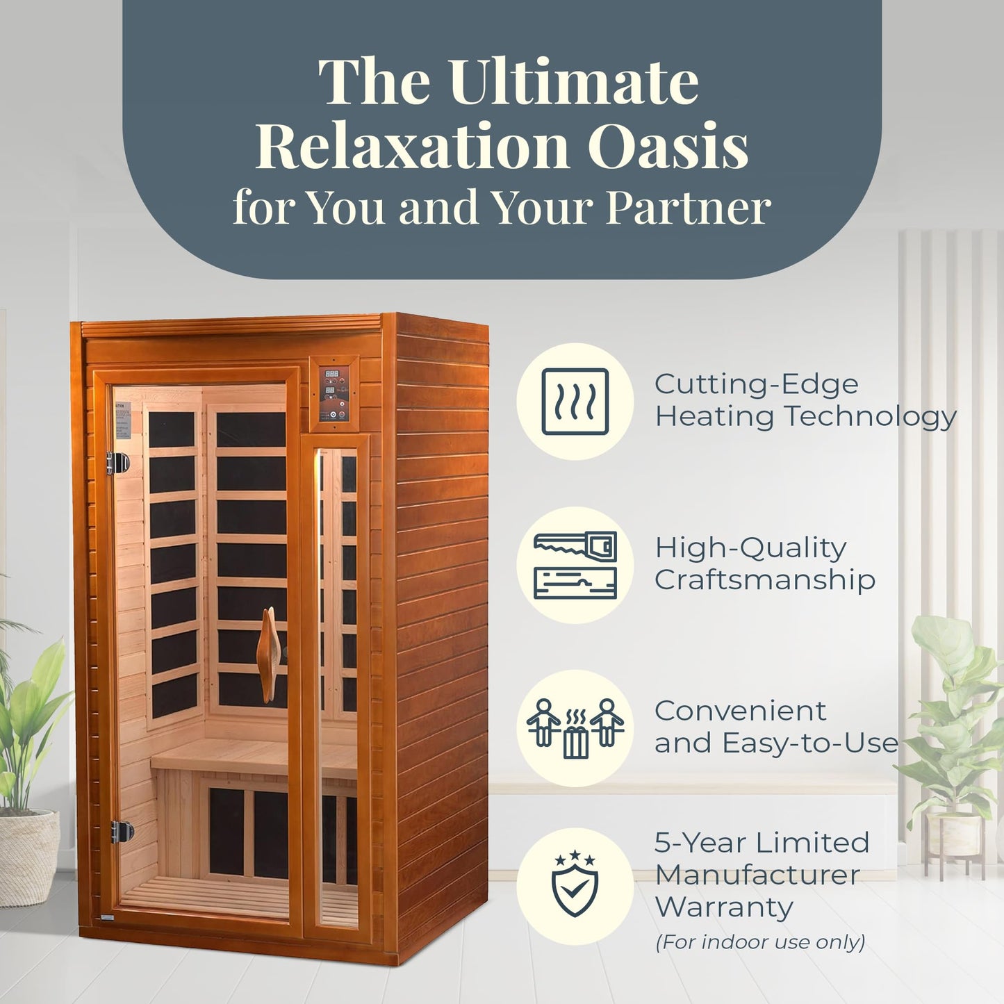 Dynamic Saunas Barcelona 1- to 2-Person Low EMF FAR Infrared Sauna with Red Light Therapy & Bluetooth Speakers | Personal Indoor Dry Heat Sauna for Home & Gym – Made from Canadian Hemlock