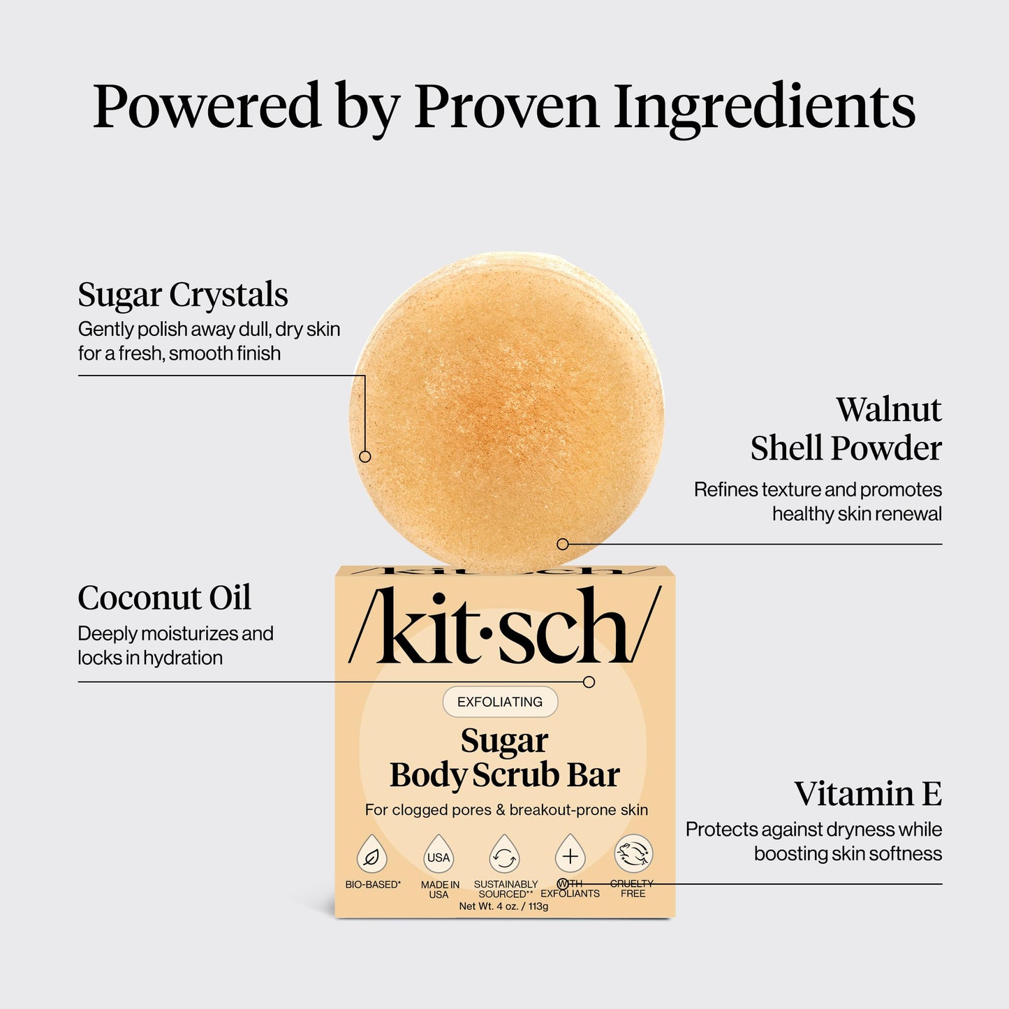 Kitsch Exfoliating Sugar Scrub for Body – All Natural Body Scrub Bar Soap for Smooth, Hydrated & Glowing Skin - Vegan Soap Bar Exfoliator for Men and Women - Made in the USA - 4 oz