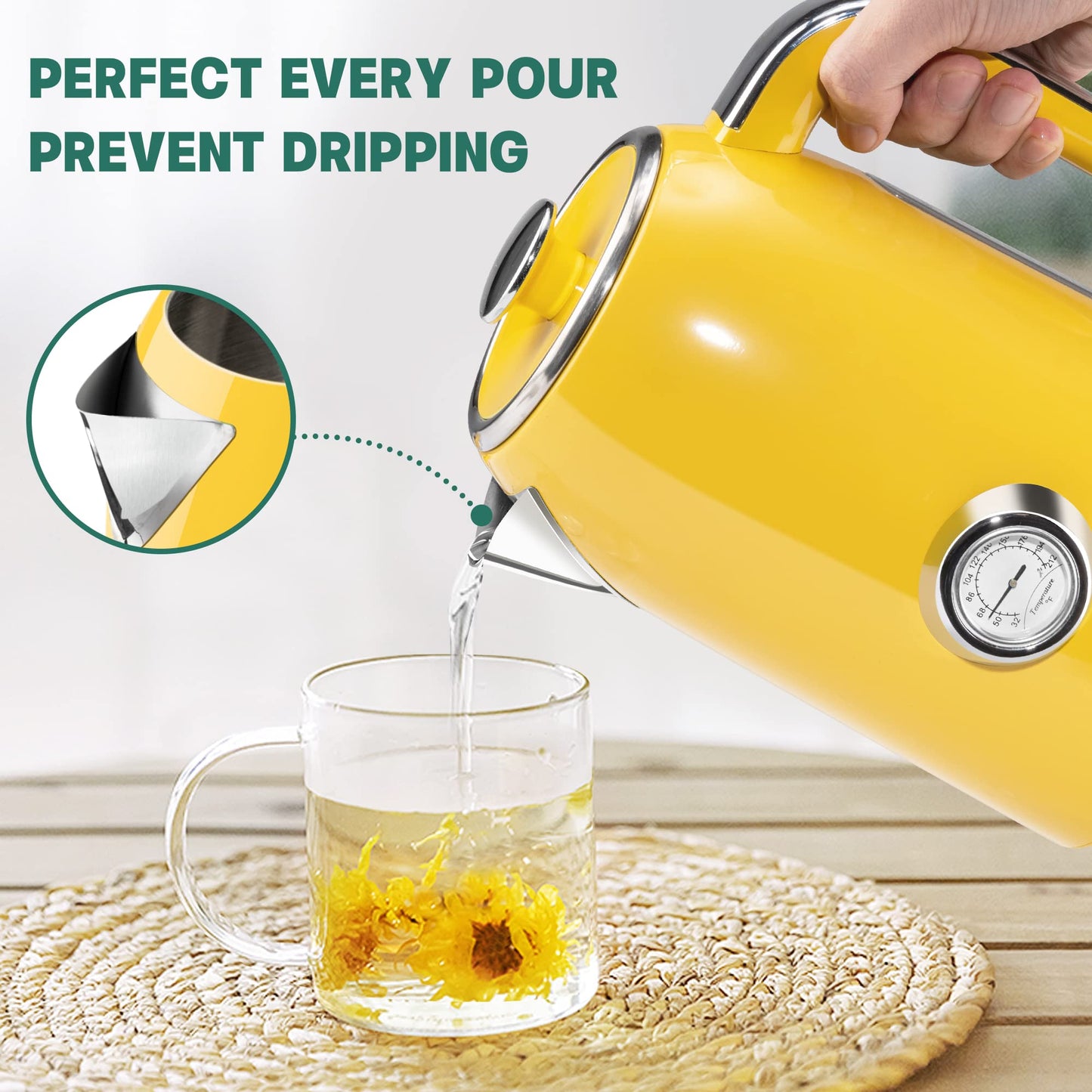 SUSTEAS Electric Kettle - 57oz Hot Tea Kettle Water Boiler with Thermometer, 1500W Fast Heating Stainless Steel Tea Pot, Cordless with LED Indicator, Auto Shut-Off & Boil Dry Protection, Retro Yellow