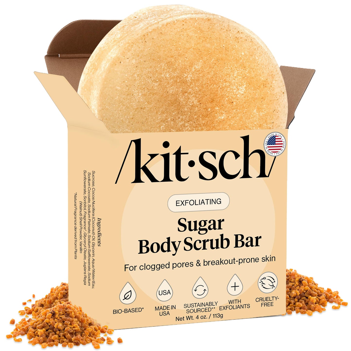 Kitsch Exfoliating Sugar Scrub for Body – All Natural Body Scrub Bar Soap for Smooth, Hydrated & Glowing Skin - Vegan Soap Bar Exfoliator for Men and Women - Made in the USA - 4 oz