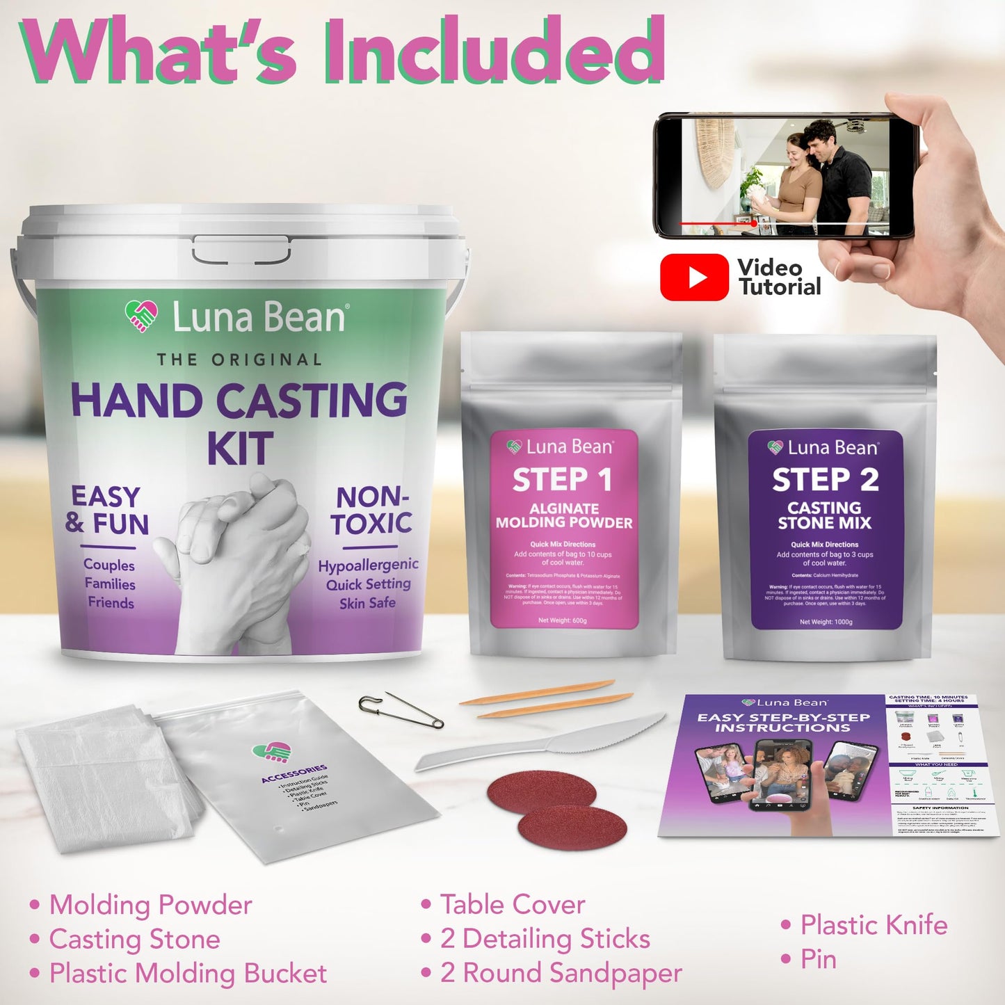 Luna Bean Hand Casting Kit – The Original Hand Mold Kit for Couples – Valentines Day Gifts for Her and Him - Anniversary Engagement Gifts for Women Men Mom Wife Boyfriend Girlfriend Wedding Bridal