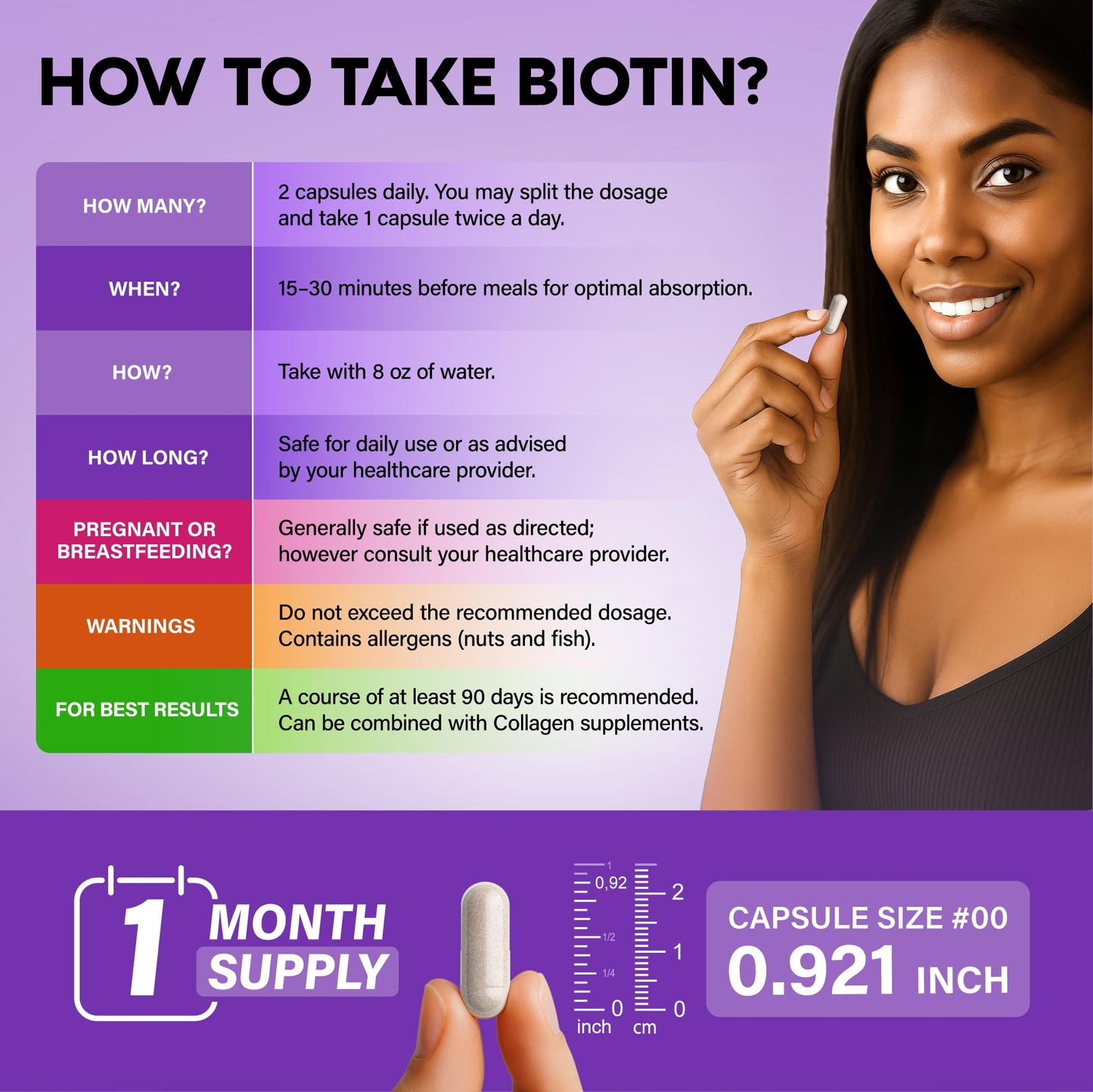 Biotin | Collagen | Hyaluronic Acid | Keratin - Clinically Tested Supplement** - Hair Growth Support, Skin & Nails - 25000mcg Vitamins B1, B2, B3, B6 & B7 - for Women & Men - Made in USA | 60 Capsules