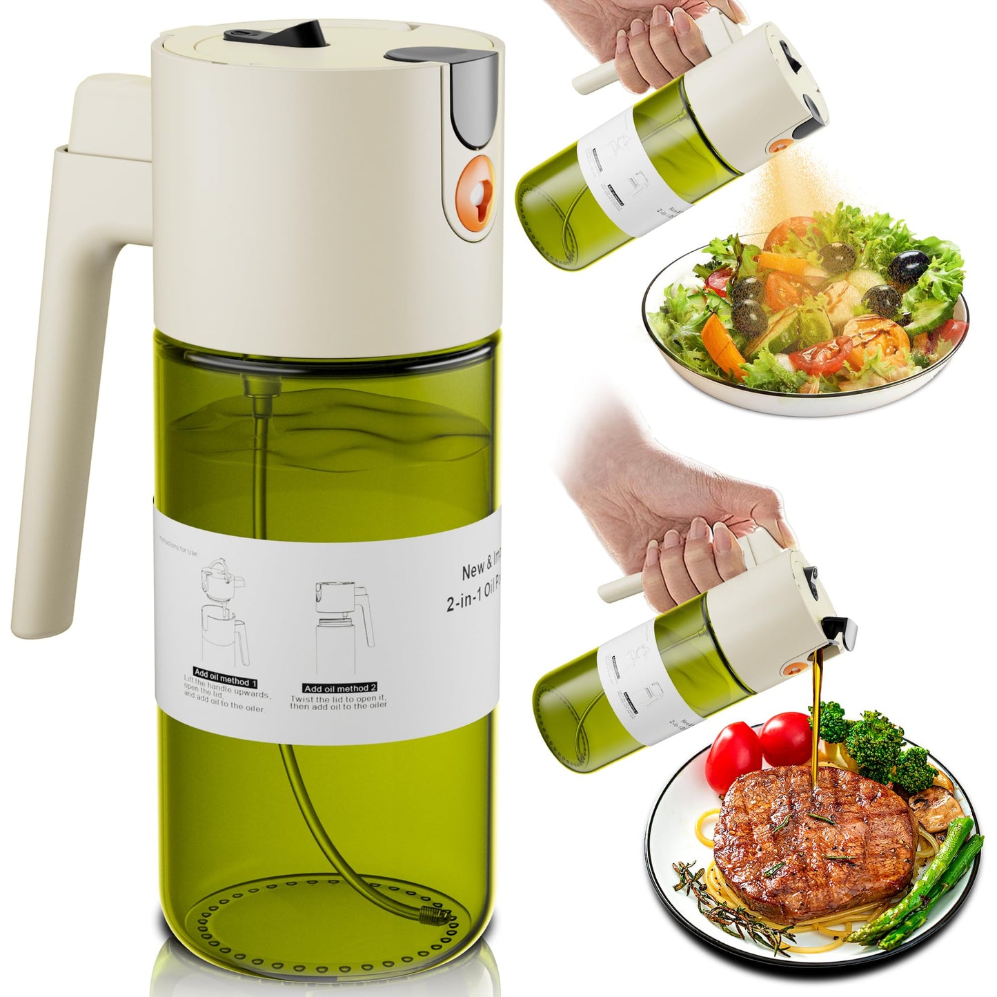 LAKUMIQI Upgrade 2 in 1 Oil Sprayer for Cooking, Olive Oil Dispenser Bottle for Kitchen Gadgets with Stickers, 17oz/500ml Food Grade Light-Blocking Glass Spray Bottle for Salad, Air Fryer, BBQ