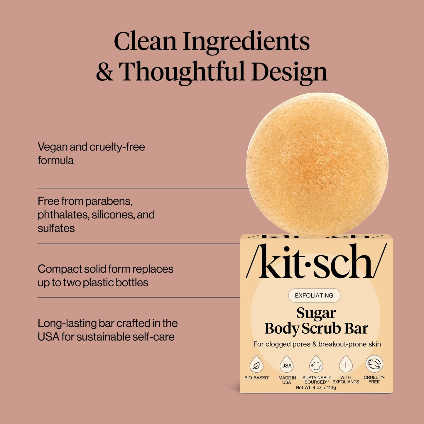 Kitsch Exfoliating Sugar Scrub for Body – All Natural Body Scrub Bar Soap for Smooth, Hydrated & Glowing Skin - Vegan Soap Bar Exfoliator for Men and Women - Made in the USA - 4 oz