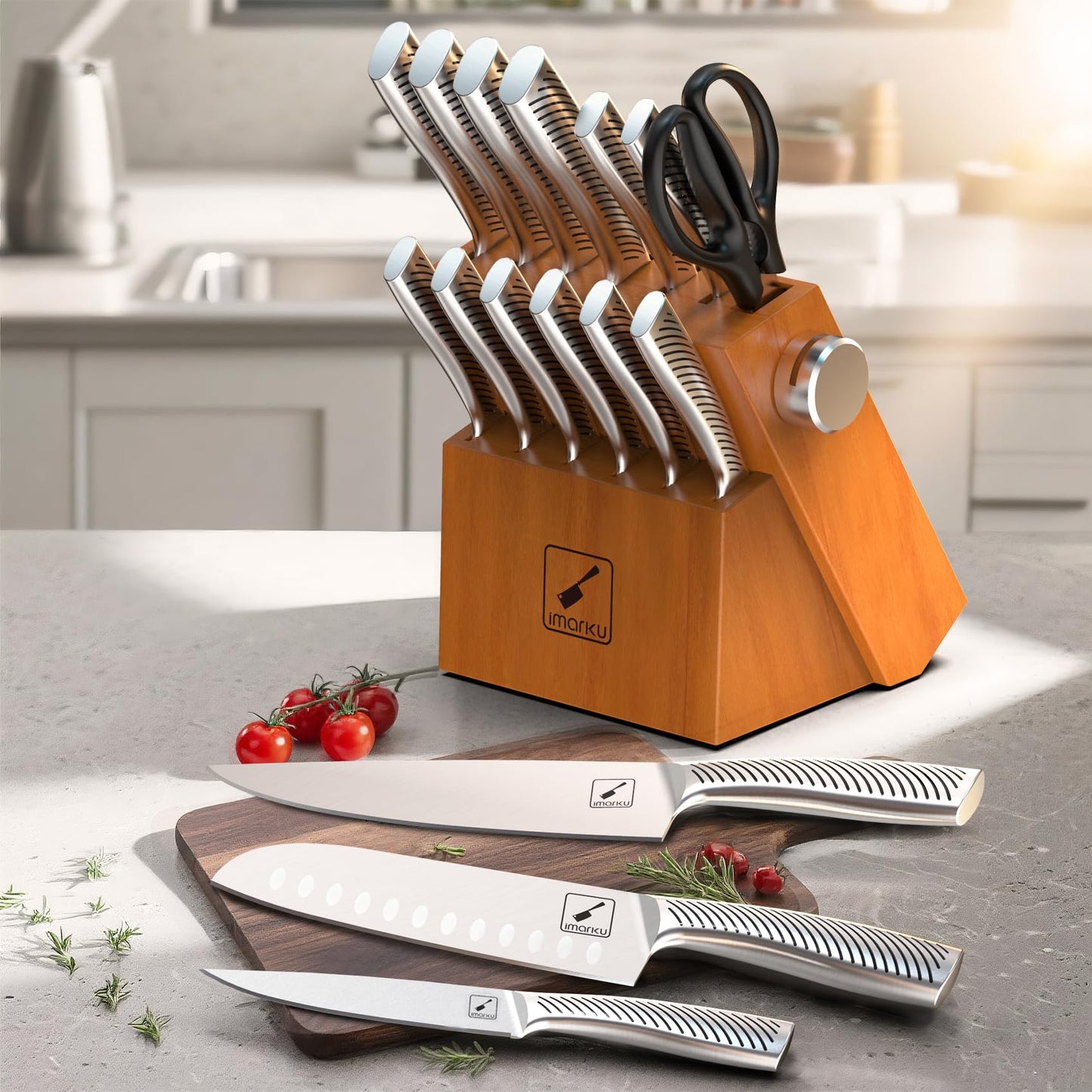 imarku Knife Set, 14 Piece Premium Kitchen Knife Block Set, Razor Sharp Japanese Chef Knives Set for Kitchen with Built-in Sharpener, Dishwasher Safe and Quality Acacia Wood Block, Christmas Gift